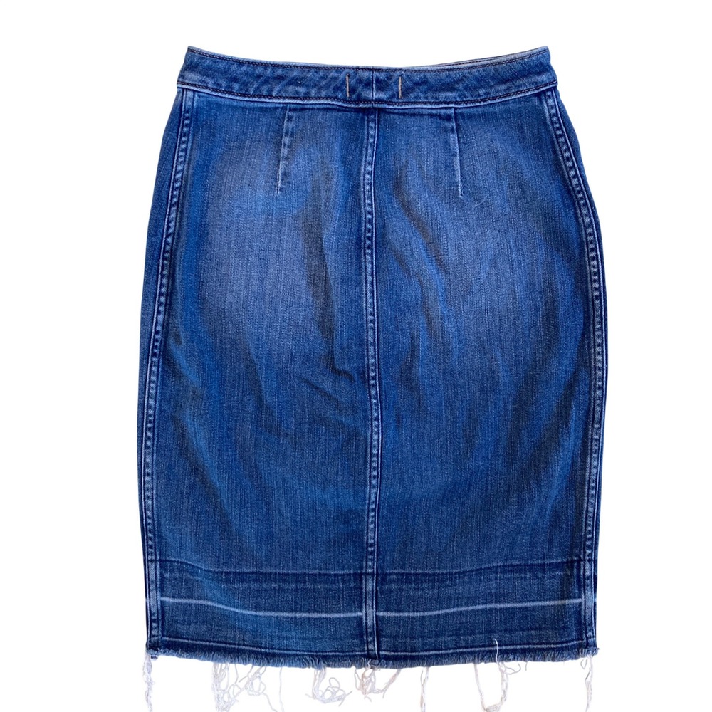 Abercrombie & Fitch Blue Denim Button Front Cotton Midi Skirt Raw Hem (Size 26) - Picture 2 of 10